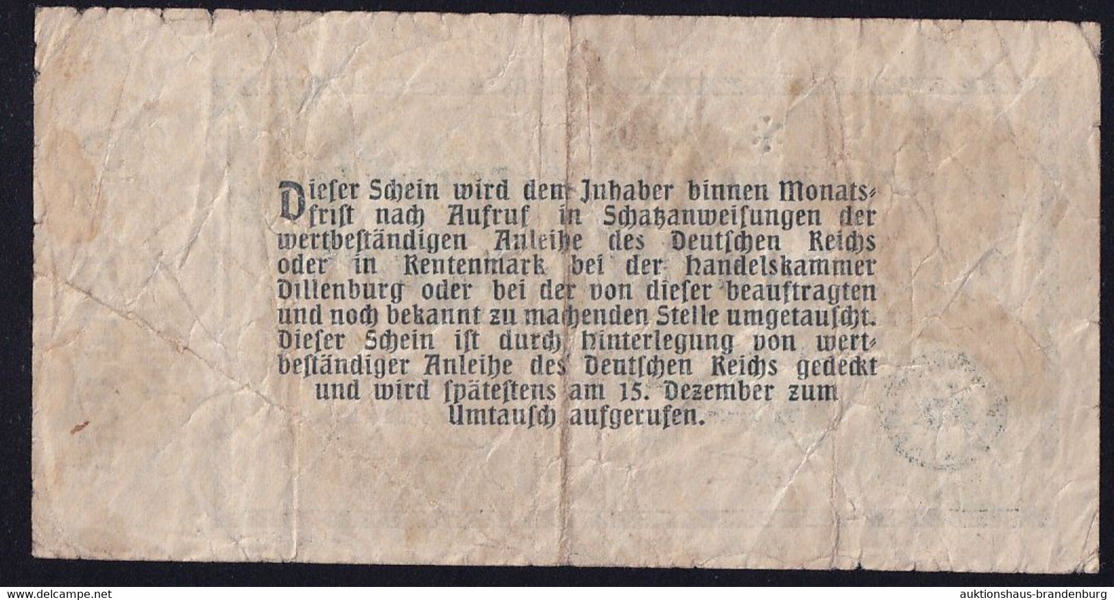 Dillenburg: 0,42 Mark Gold = 1/10 Dollar 15.11.1923 - Handelskammer - Ohne Zuordnung