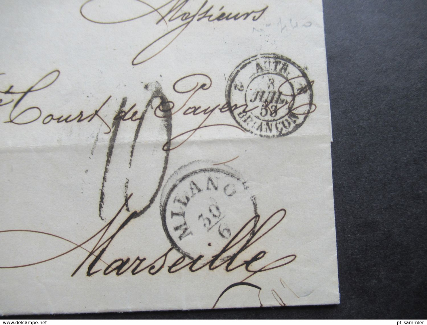 Faltbrief Mit Inhalt 1853 Stempel K1 Milano Und Taxstempel Chiffre 10 / Schwarzer K2 Autr. 2 Briancon 2 Nach Marseille - ...-1850 Voorfilatelie