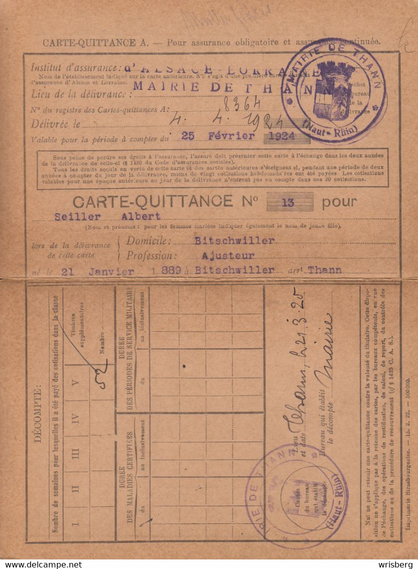 CARTE QUITTANCE D'ASSURANCE établie Le 4 Avril 1924 Au Nom De SEILLER Albert Né Le 21 Janvier 1889 à BITSCHWILLER - Unused Stamps