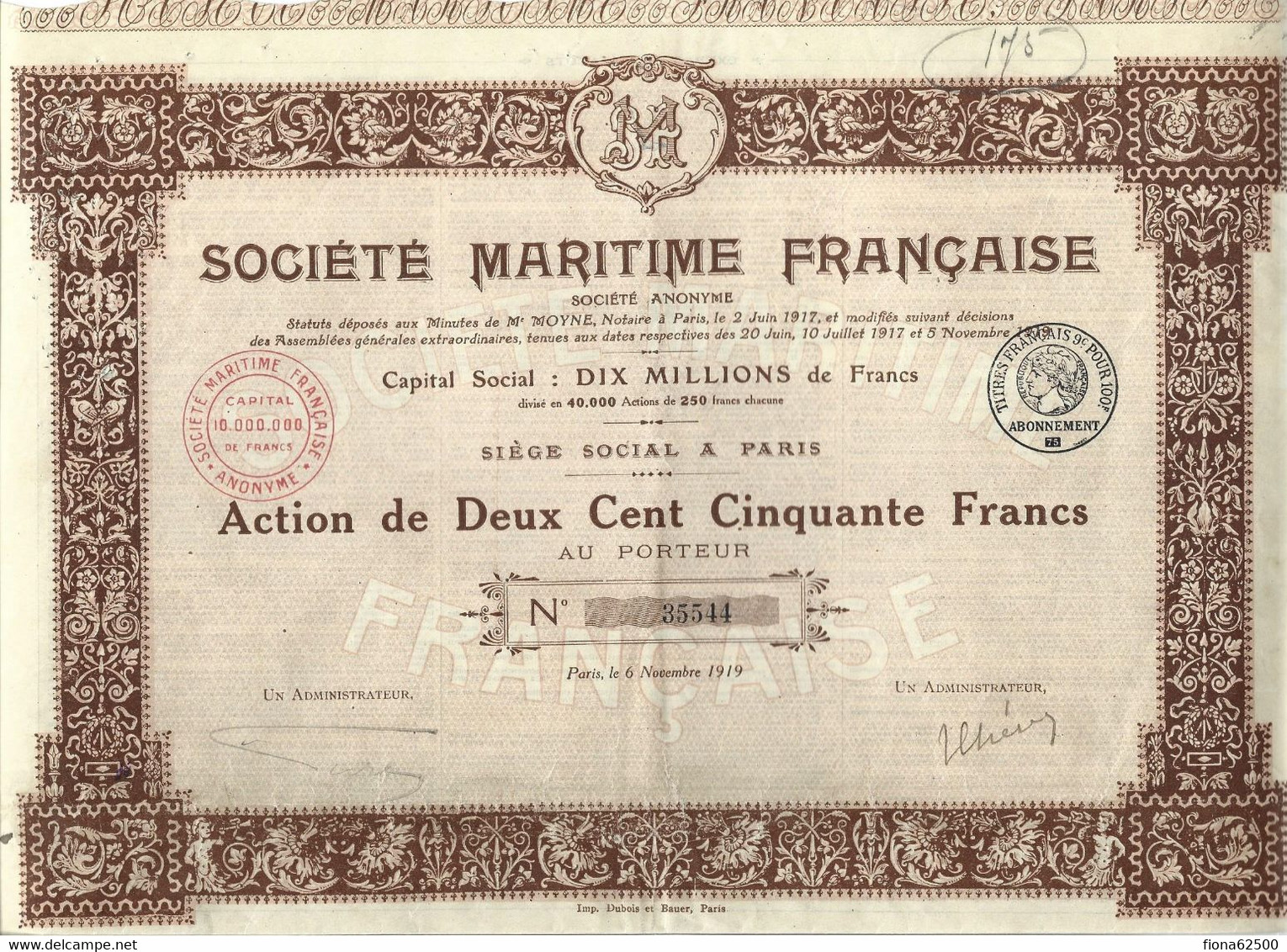 SOCIETE MARITIME FRANCAISE . ACTION DE DEUX CENT CINQUANTE FRANCS . - Schiffahrt