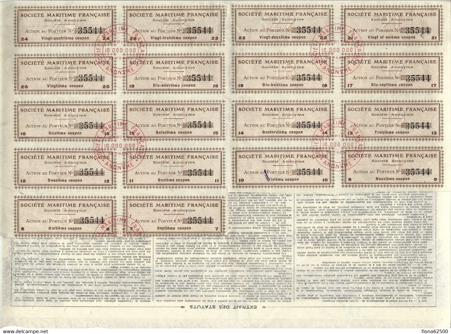 SOCIETE MARITIME FRANCAISE . ACTION DE DEUX CENT CINQUANTE FRANCS . - Navegación