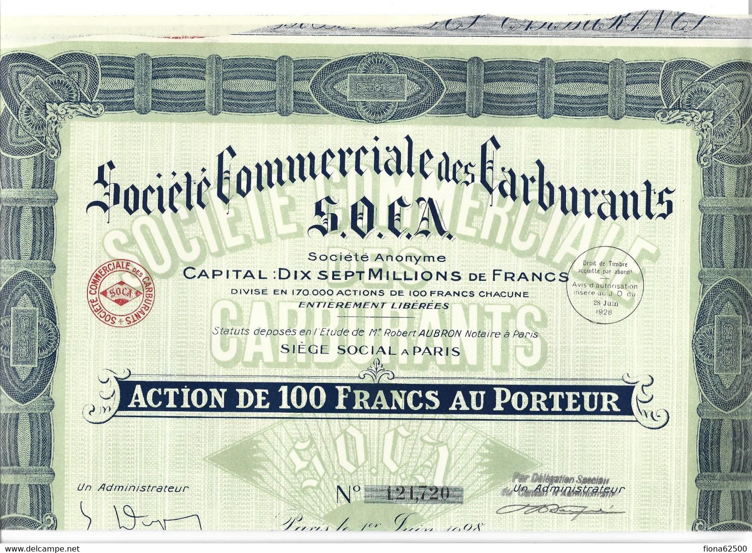 SOCIETE COMMERCIALE DES CARBURANTS . ACTION DE 100 FRANCS AU PORTEUR . - Oil