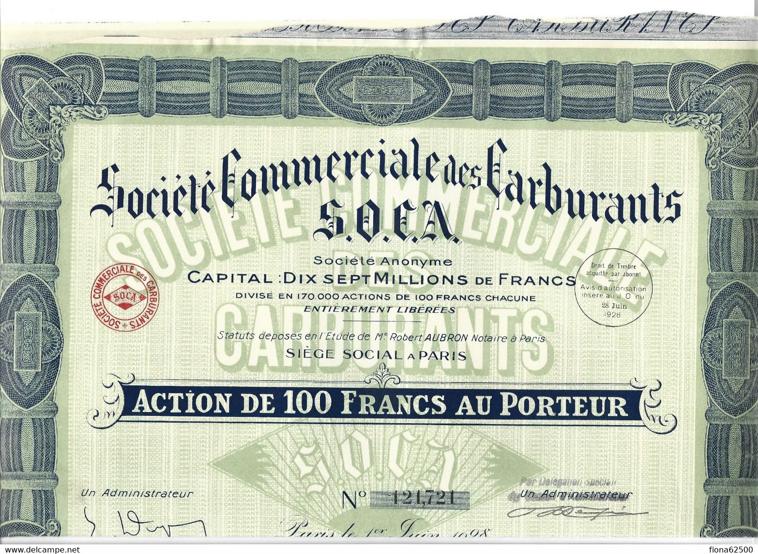 SOCIETE COMMERCIALE DES CARBURANTS . ACTION DE 100 FRANCS AU PORTEUR . - Petrolio