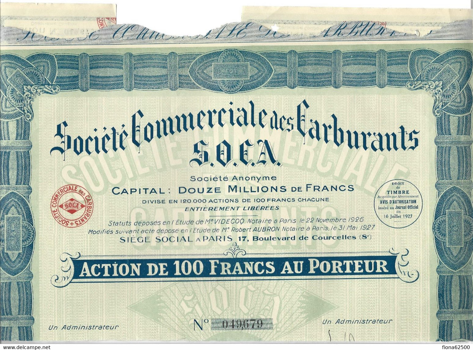 SOCIETE COMMERCIALE DES CARBURANTS . ACTION DE 100 FRANCS AU PORTEUR . - Oil