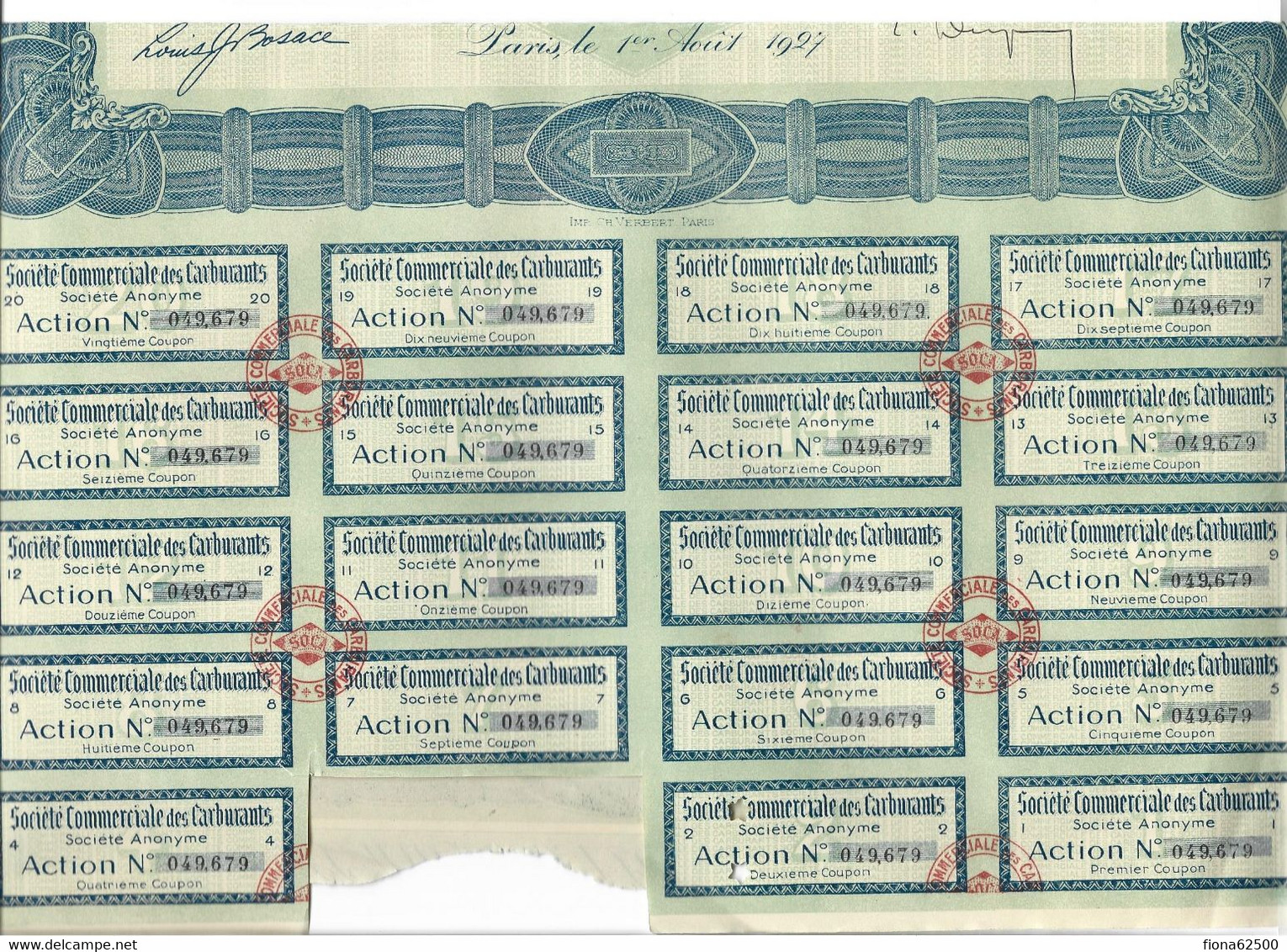 SOCIETE COMMERCIALE DES CARBURANTS . ACTION DE 100 FRANCS AU PORTEUR . - Oil