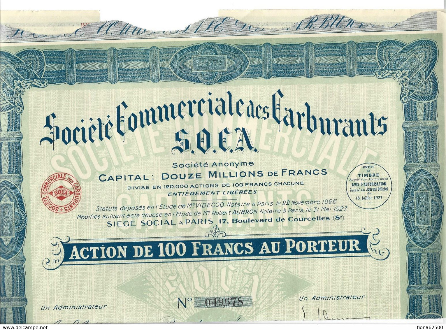 SOCIETE COMMERCIALE DES CARBURANTS . ACTION DE 100 FRANCS AU PORTEUR . - Pétrole