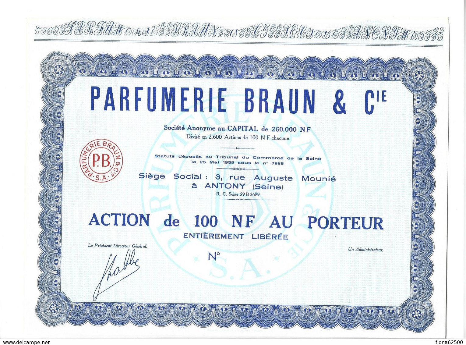 PARFUMERIE BRAUN & CIE . ACTION DE 100 NF AU PORTEUR . - Parfum & Kosmetik