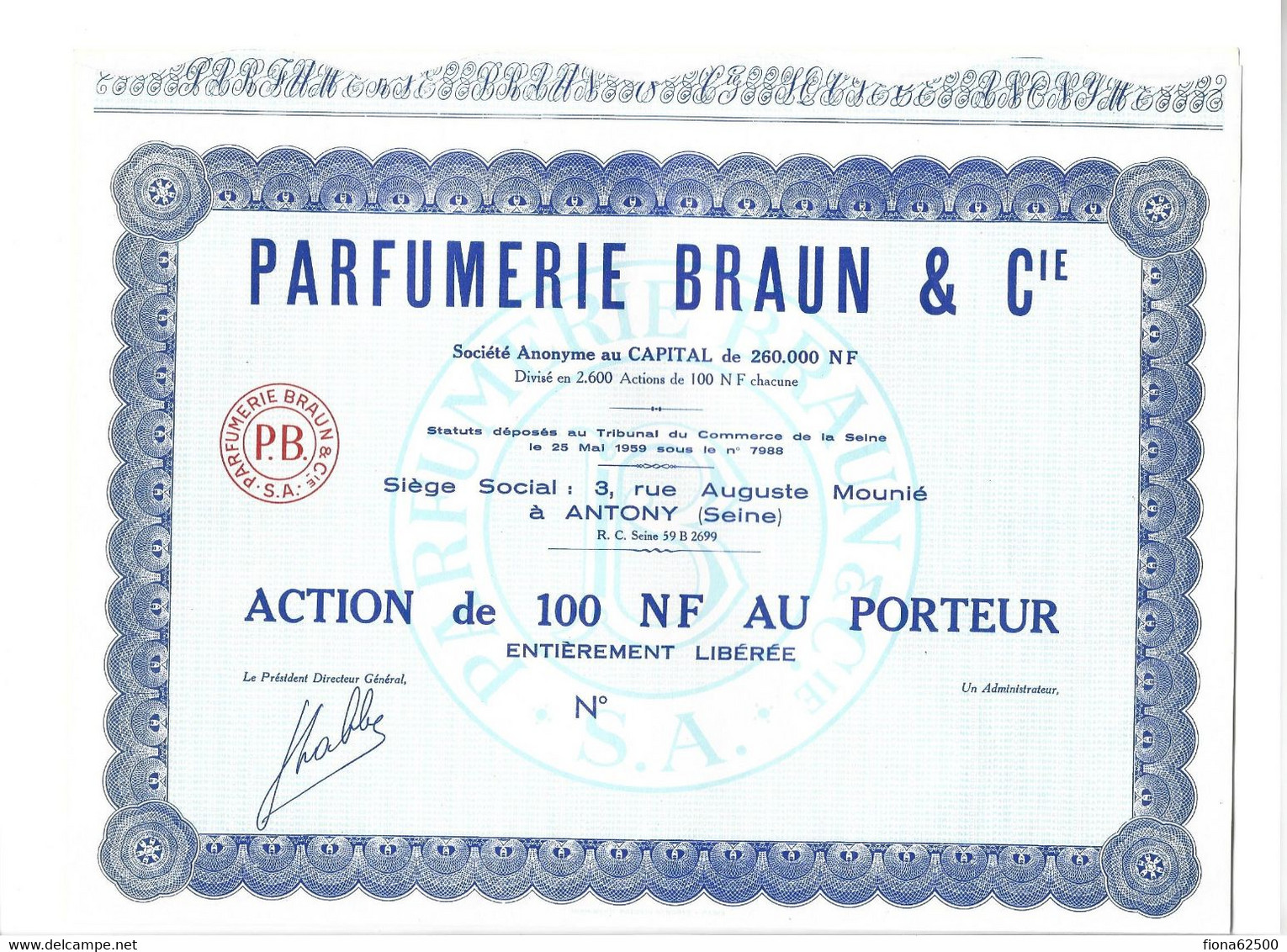 PARFUMERIE BRAUN & CIE . ACTION DE 100 NF AU PORTEUR . - Perfumes & Belleza