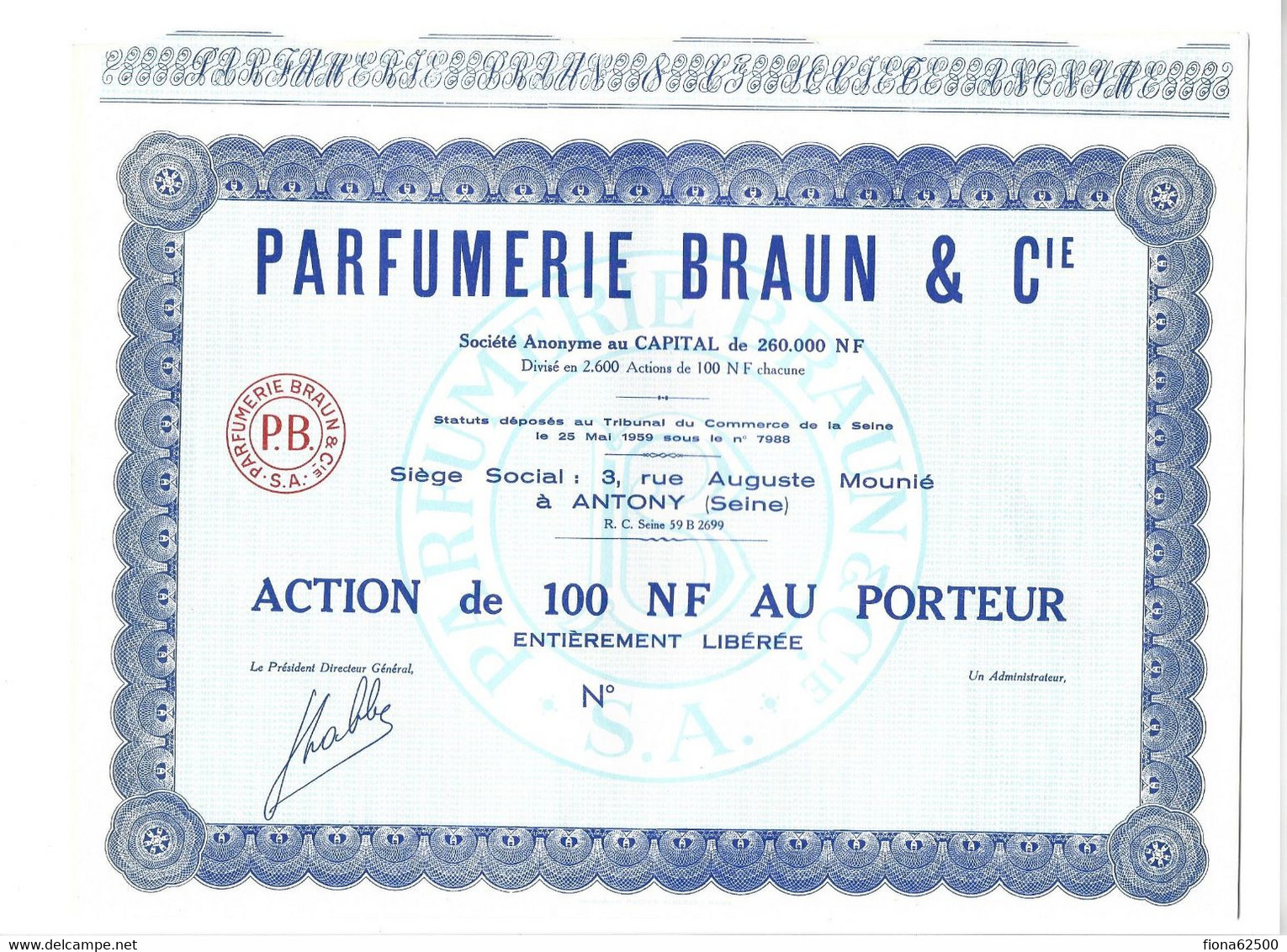 PARFUMERIE BRAUN & CIE . ACTION DE 100 NF AU PORTEUR . - Parfum & Cosmetica