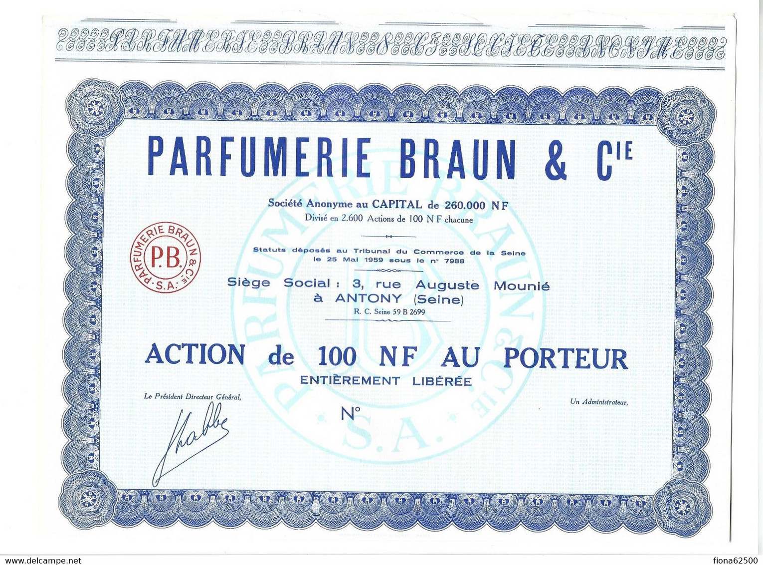 PARFUMERIE BRAUN & CIE . ACTION DE 100 NF AU PORTEUR . - Parfum & Kosmetik