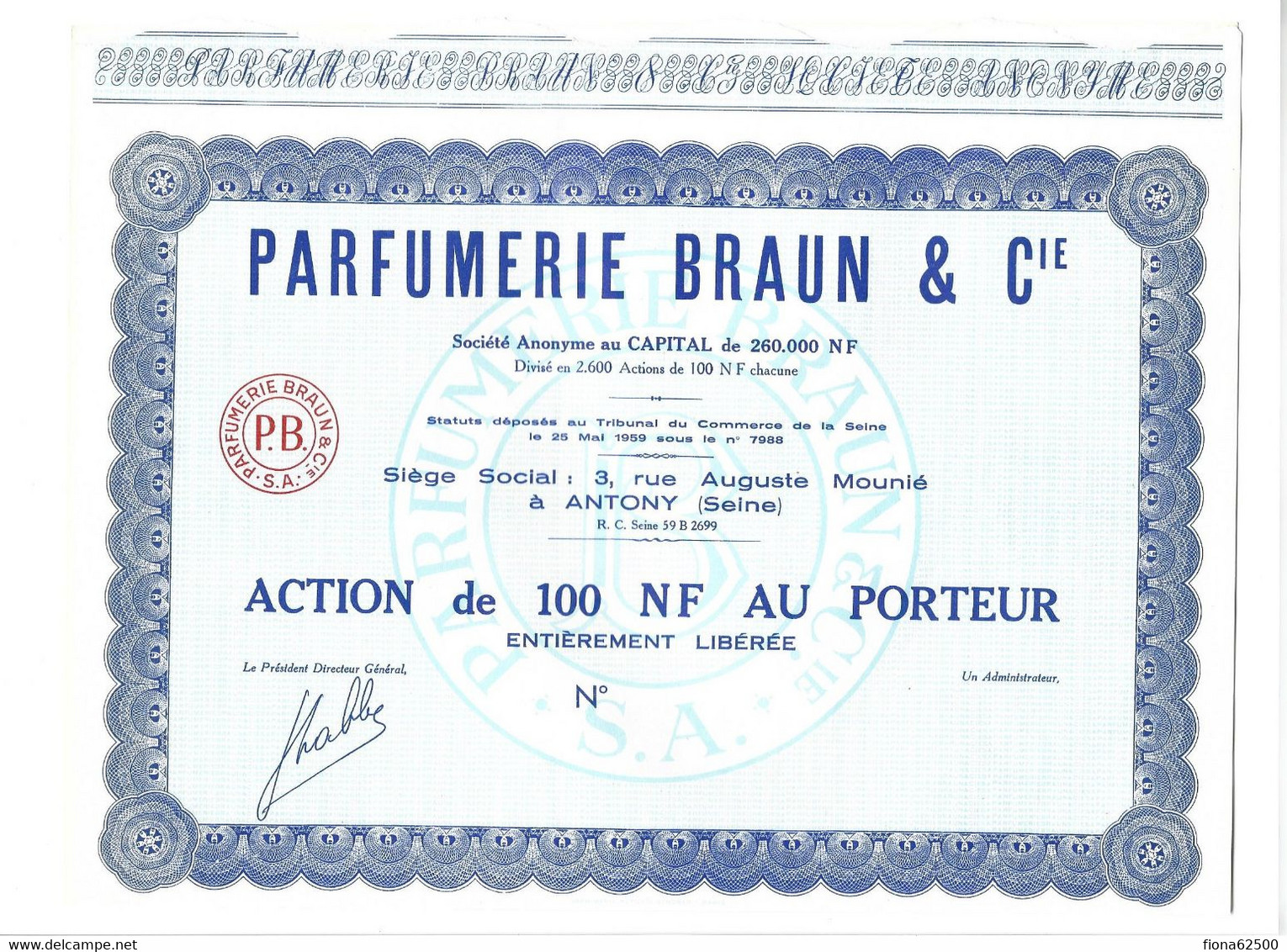 PARFUMERIE BRAUN & CIE . ACTION DE 100 NF AU PORTEUR . - Profumi & Bellezza
