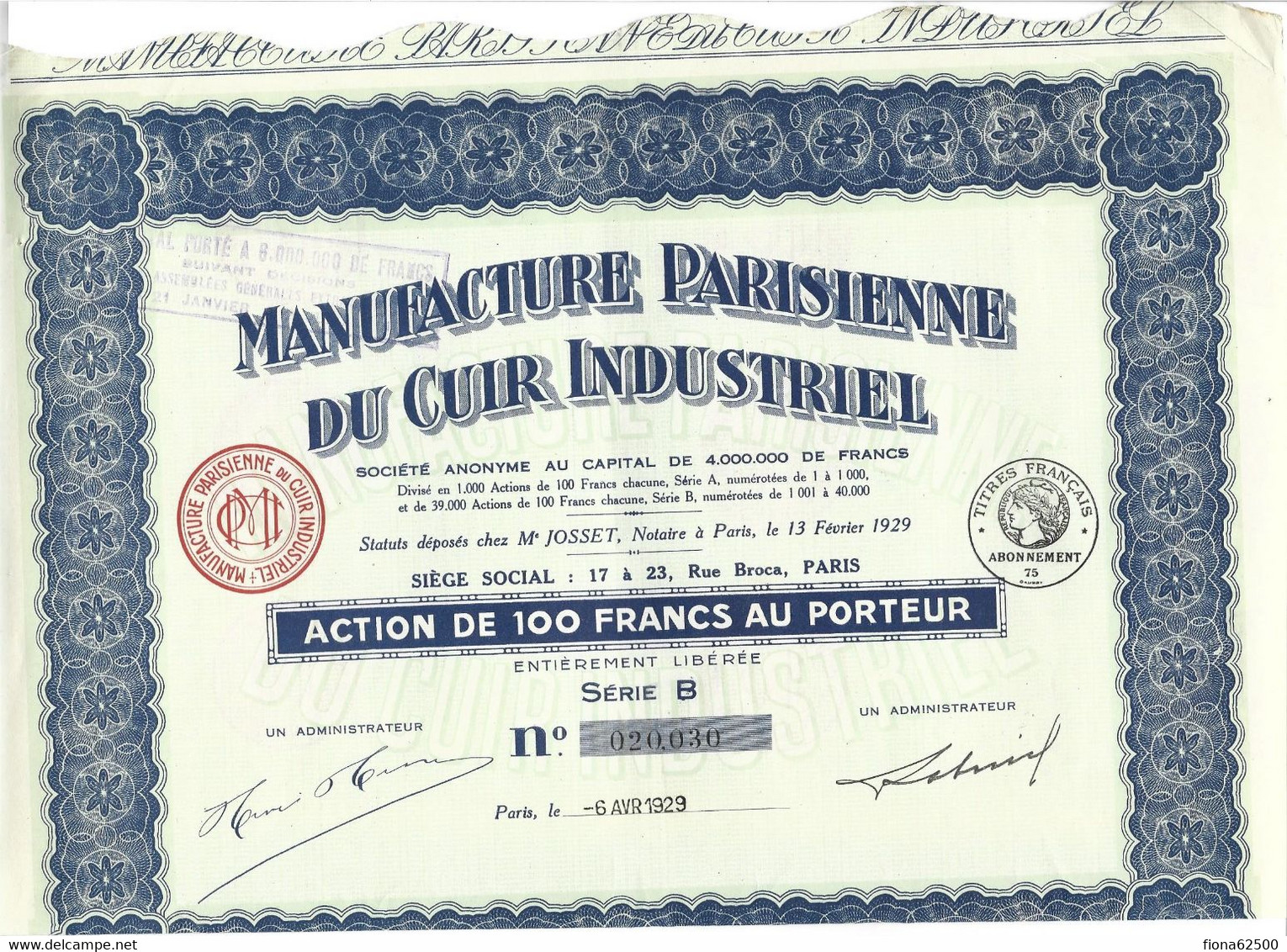 MANUFACTURE PARISIENNE DU CUIR INDUSTRIEL . ACTION DE 100 FRANCS AU PORTEUR . - Textil