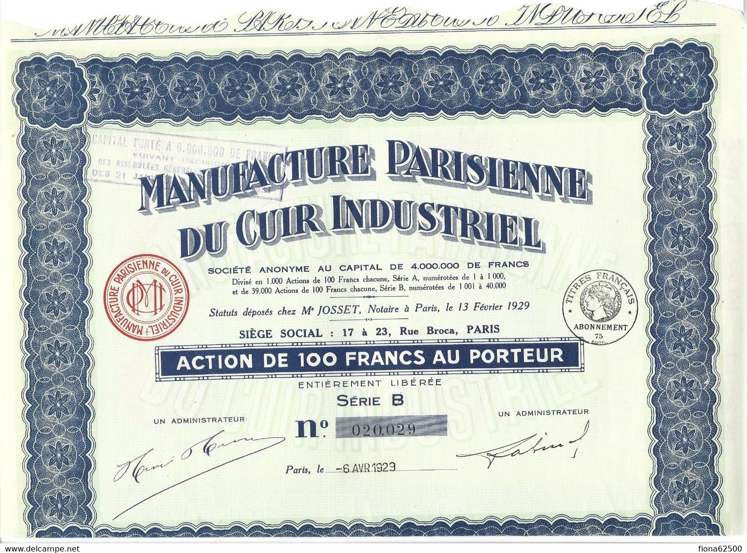 MANUFACTURE PARISIENNE DU CUIR INDUSTRIEL . ACTION DE 100 FRANCS AU PORTEUR . - Textil