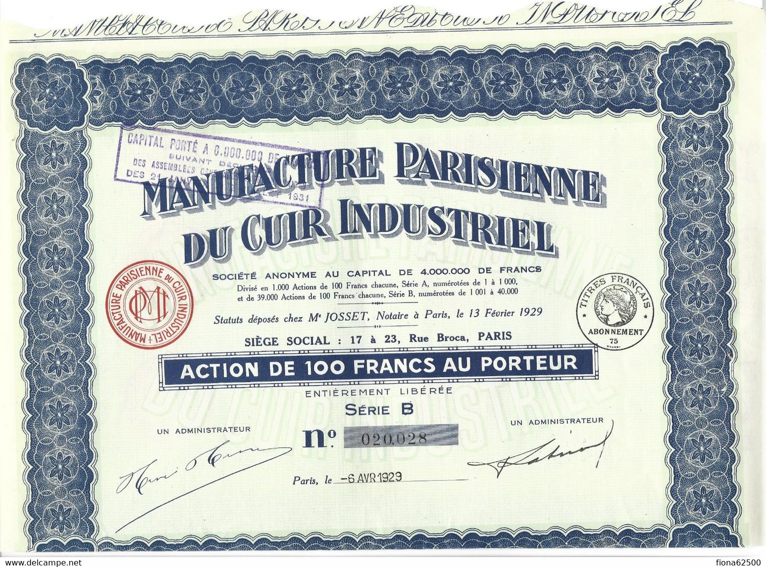 MANUFACTURE PARISIENNE DU CUIR INDUSTRIEL . ACTION DE 100 FRANCS AU PORTEUR . - Textile