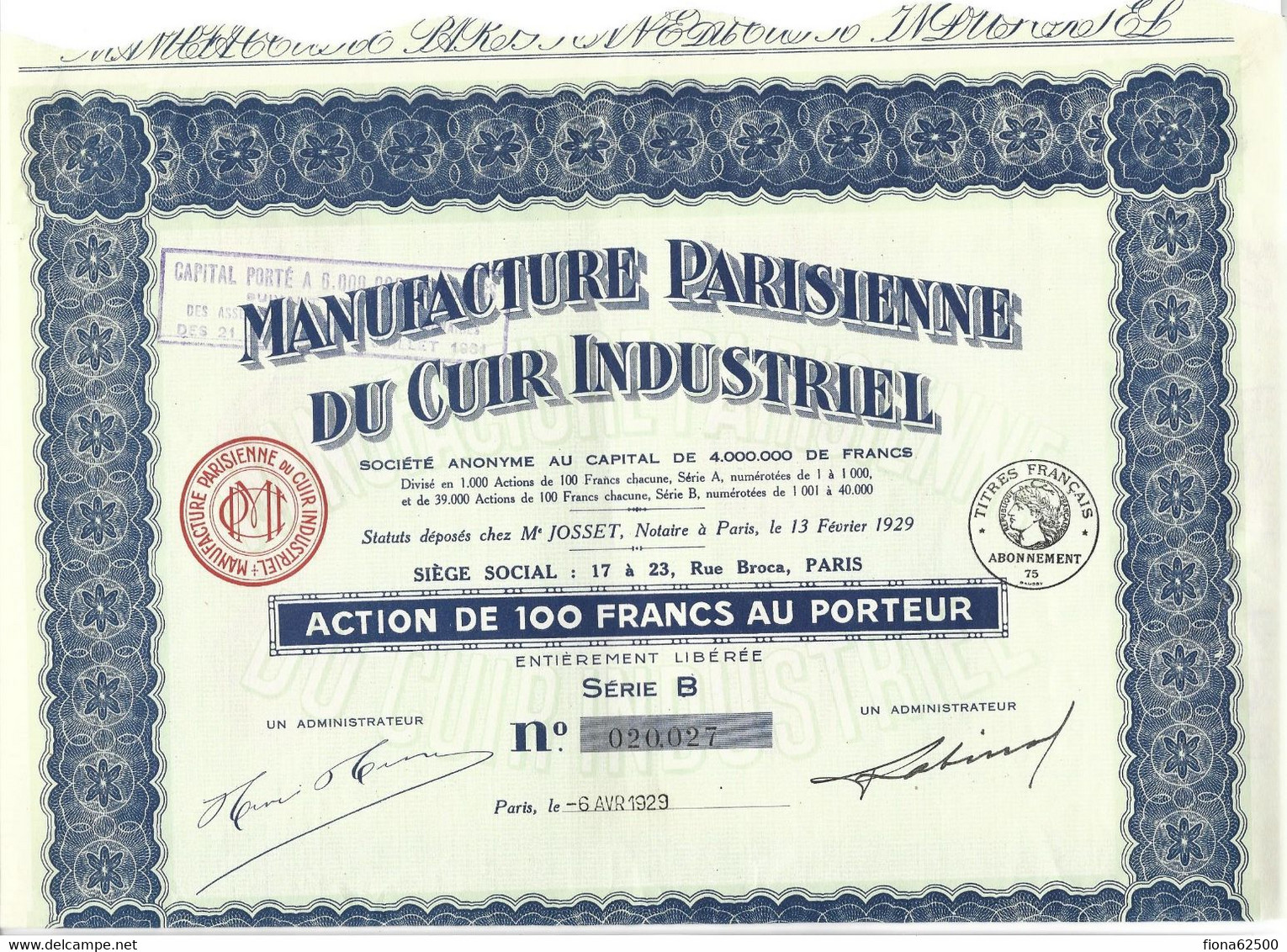 MANUFACTURE PARISIENNE DU CUIR INDUSTRIEL . ACTION DE 100 FRANCS AU PORTEUR . - Textiel