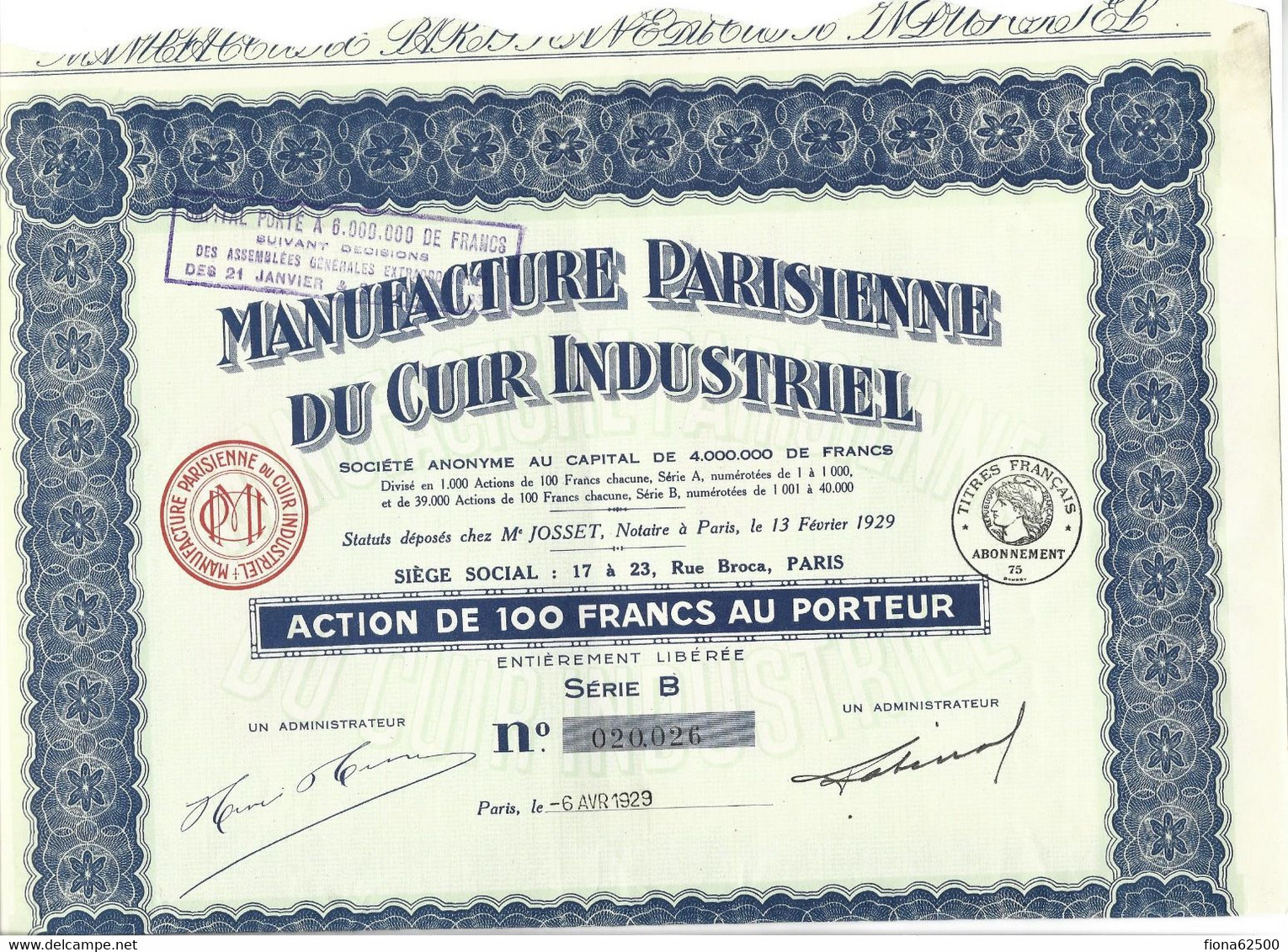 MANUFACTURE PARISIENNE DU CUIR INDUSTRIEL . ACTION DE 100 FRANCS AU PORTEUR . - Textiel