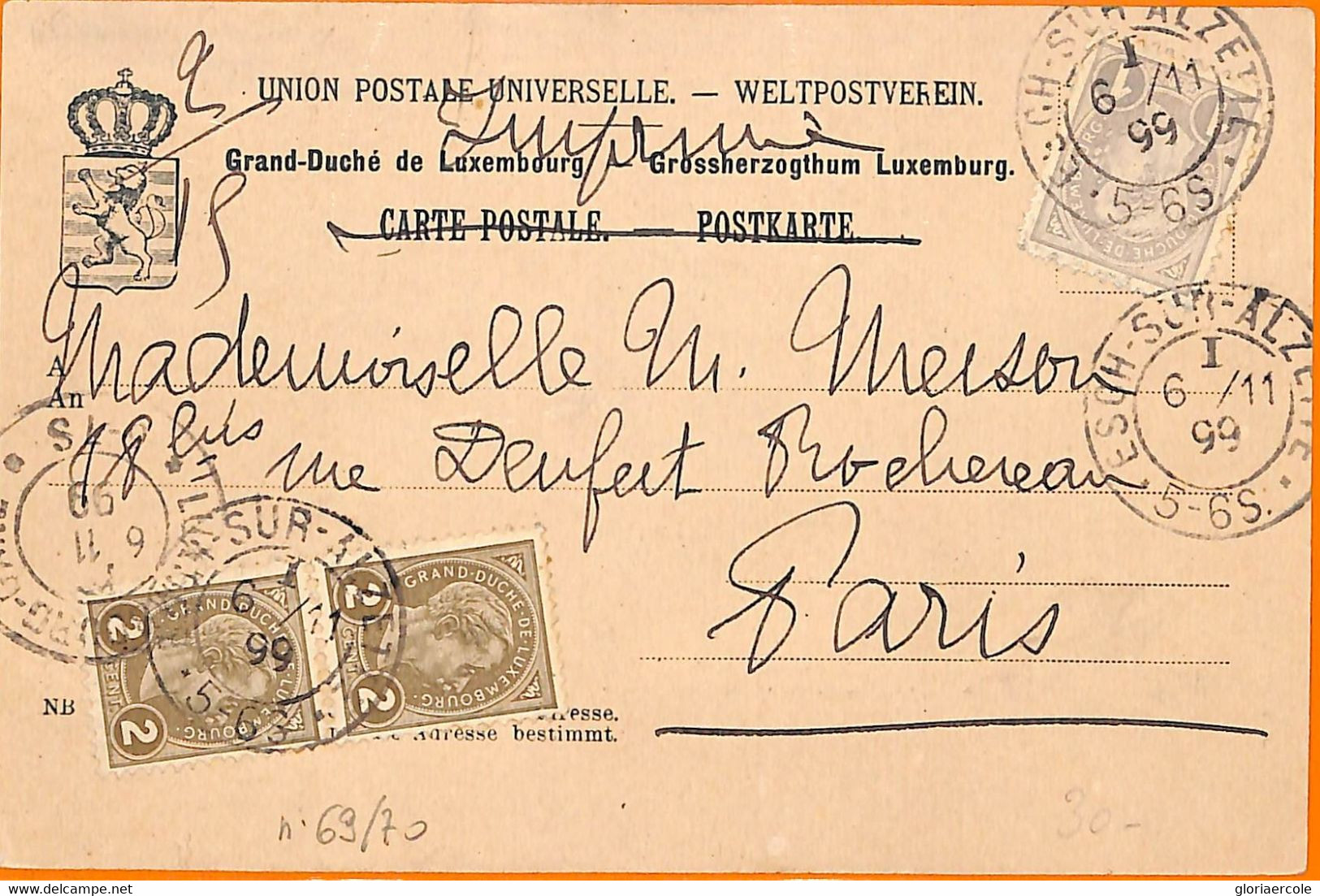 99354 - LUXEMBOURG - Postal History  - 5 Cent Rate On POSTCARD  To FRANCE 1899 - Other & Unclassified