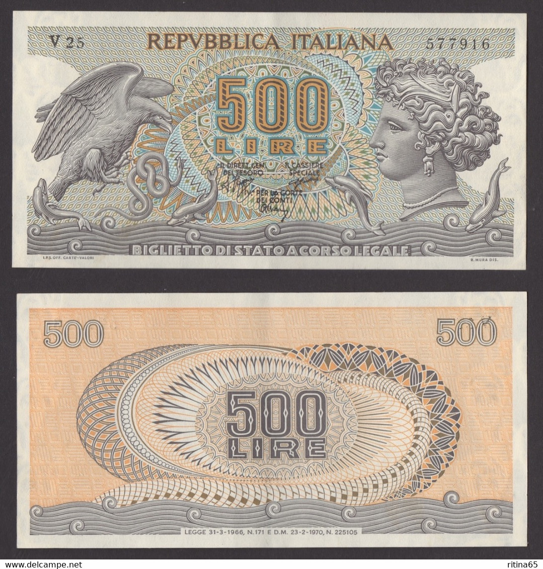 ITALIA 1970 LIRE 500 ARETUSA DECRETO 23/02/1970 - 500 Liras