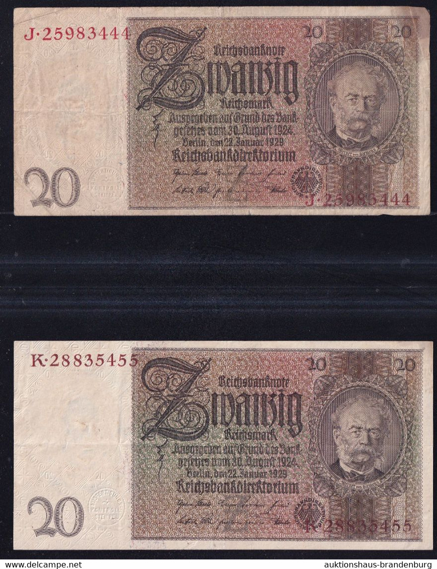 2x 20 Reichsmark 22.1.1929 - Serie Z/J + Z/K - Rote + Braune KN - Reichsbank (DEU-184a) - 20 Mark