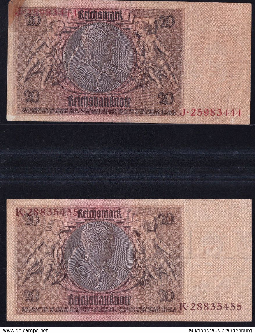 2x 20 Reichsmark 22.1.1929 - Serie Z/J + Z/K - Rote + Braune KN - Reichsbank (DEU-184a) - 20 Mark