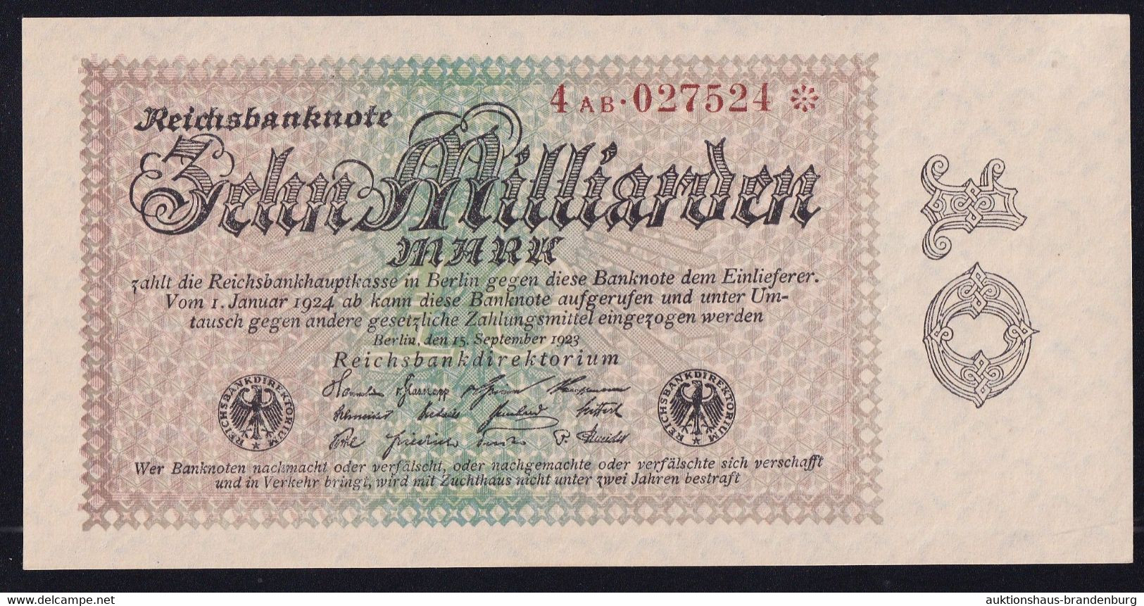 10 Milliarden Mark 15.9.1923 - FZ AB - Reichsbank (DEU-135) - 10 Mrd. Mark