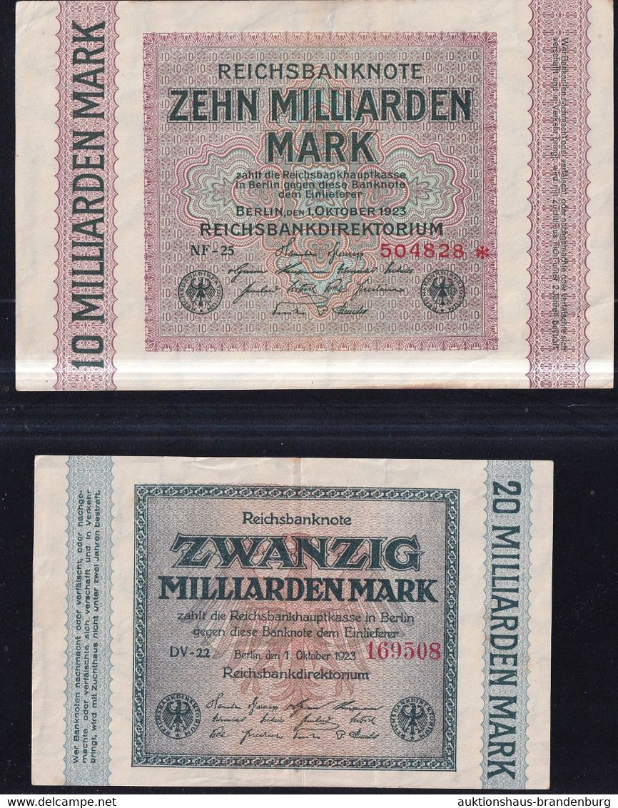 10 + 20 Milliarden Mark 1.10.1923 - Wz. Hakensterne - Reichsbank (DEU-136f, 137g) - Colecciones