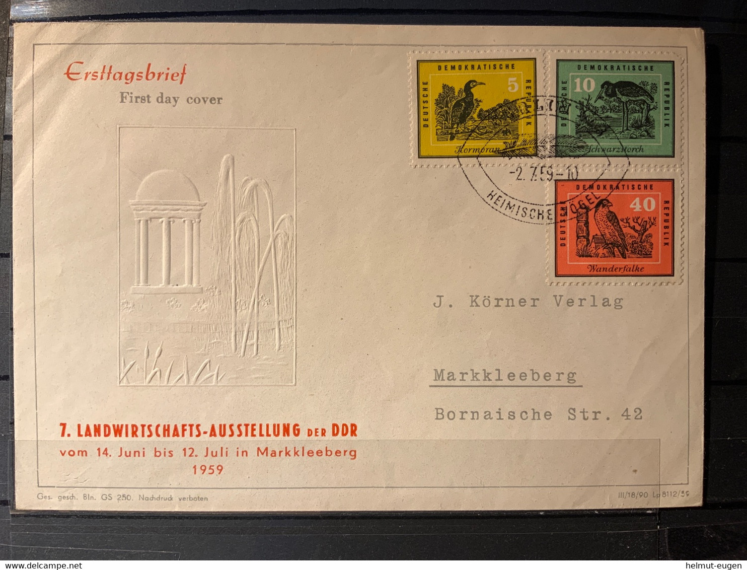 MiNr. 698, 699, 703 Deutschland Deutsche Demokratische Republik 1959, 2. Juli. Heimische Vögel.  Brylka; Odr. DWD (510) - 1. Tag - FDC (Ersttagblätter)