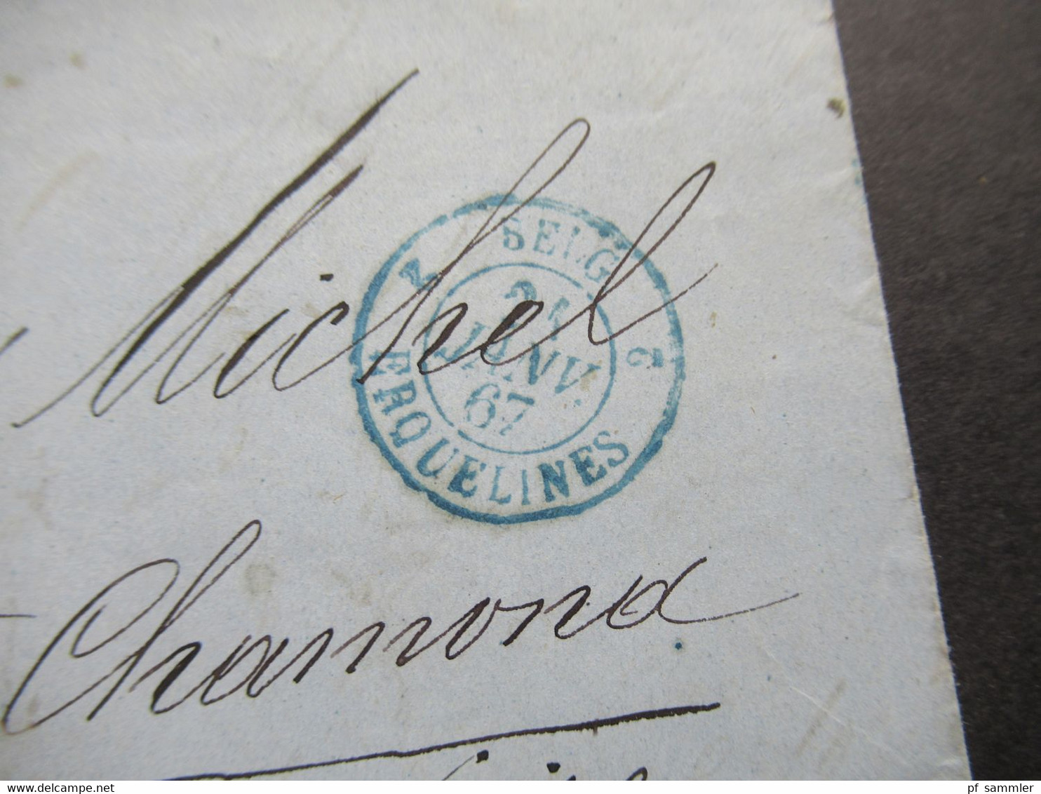 Belgien 1867 Faltbrief Mit Inhalt Lüttich - St Chamond Stempel K2 Liege Und Blauer K2 Belg 2 Erquelines 2 - 1866-1867 Piccolo Leone