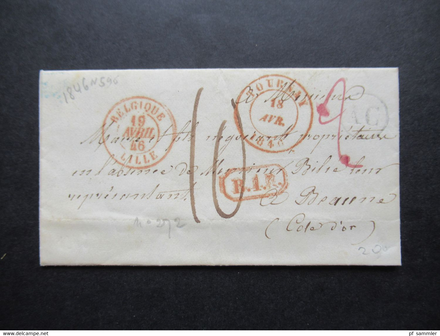 Belgien 1846 Faltbrief Mit Inhalt Rote Stempel K2 Tournay / Belgique Lille / R.4.R / Rayon Und 2x Bartaxe Davon 1x Rot - 1830-1849 (Belgique Indépendante)