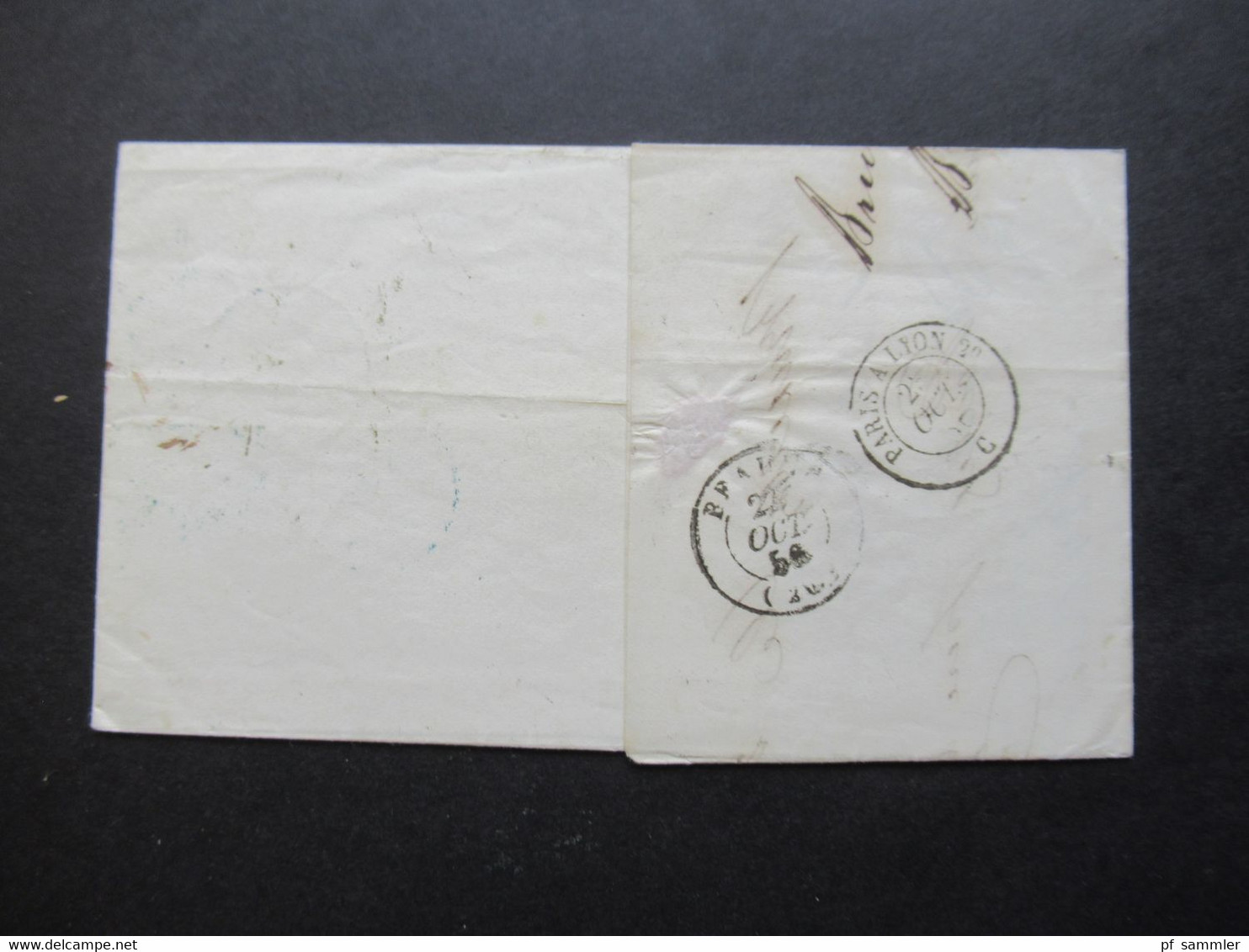 Belgien 1858 Faltbrief Mit Inhalt Blauer Stempel K2 Bruxelles Und Blauer K2 Belg. 5 VALnes Rückseitig Paris A Lyon - 1849-1865 Medallones (Otros)