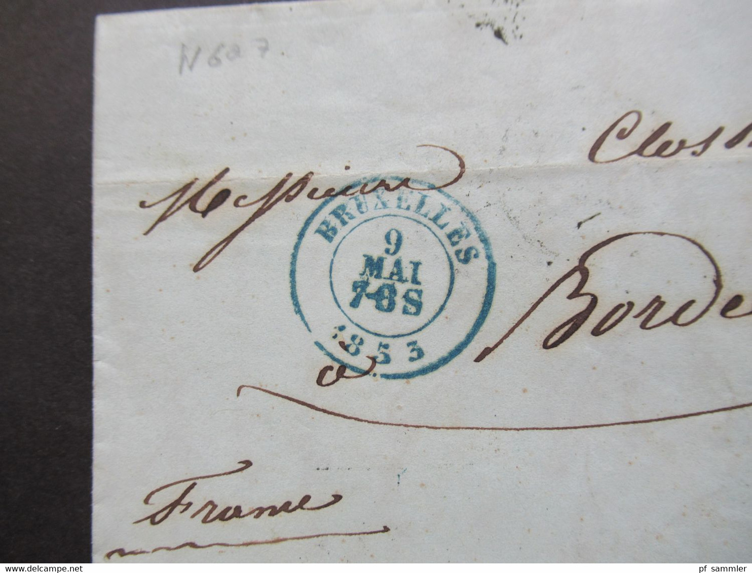 Belgien 1853 Faltbrief Mit Inhalt Blauer Stempel K2 Bruxelles Und Roter K2 Belg. 5 VALnes 5 über Paris Nach Bordeaux - 1849-1865 Médaillons (Autres)