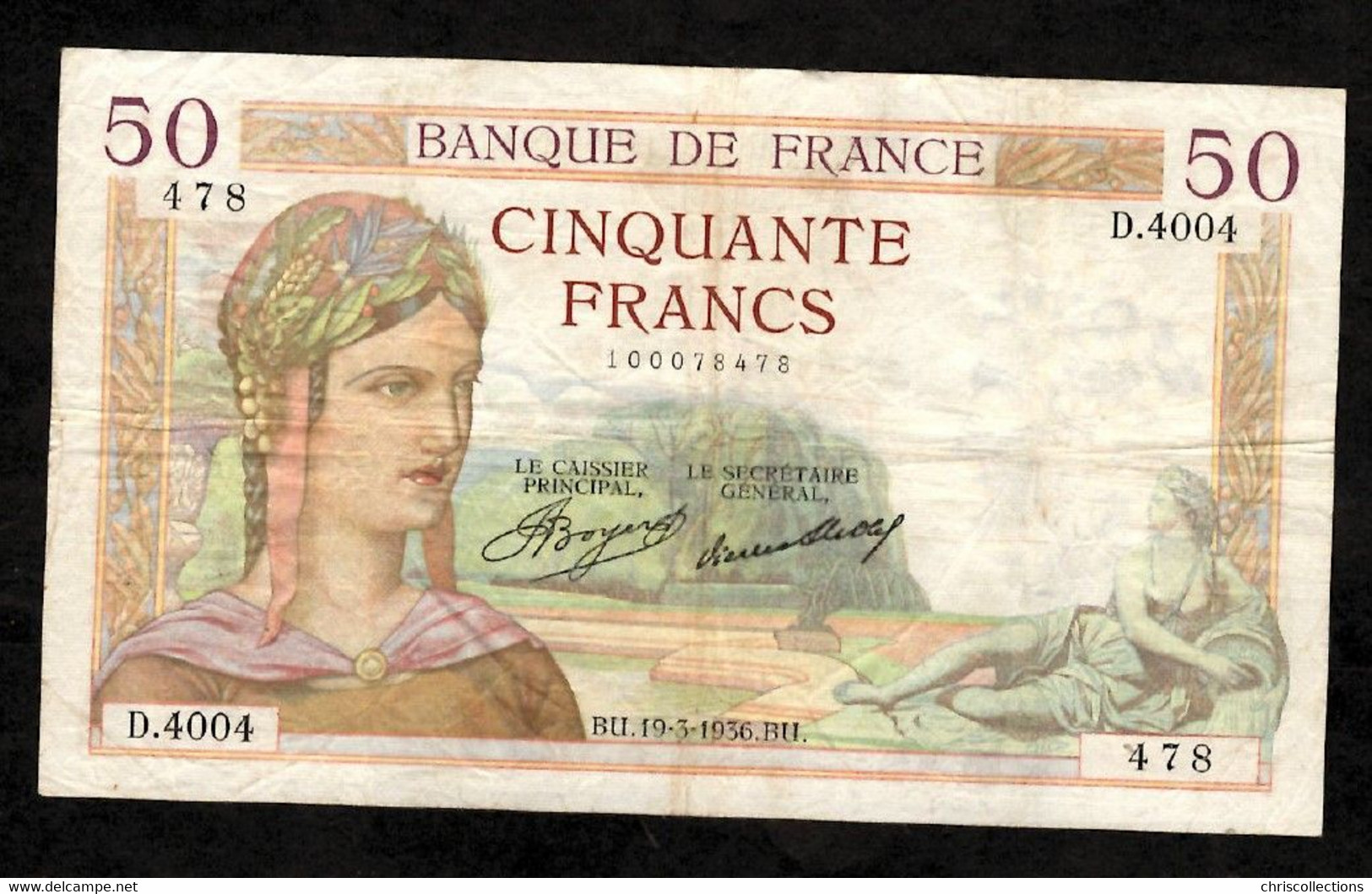 FRANCE - RARE - 50 Francs CERES - 19.3.1936 - Série RADAR 4004 - TB+ - N° Billet 478 - 50 F 1934-1940 ''Cérès''