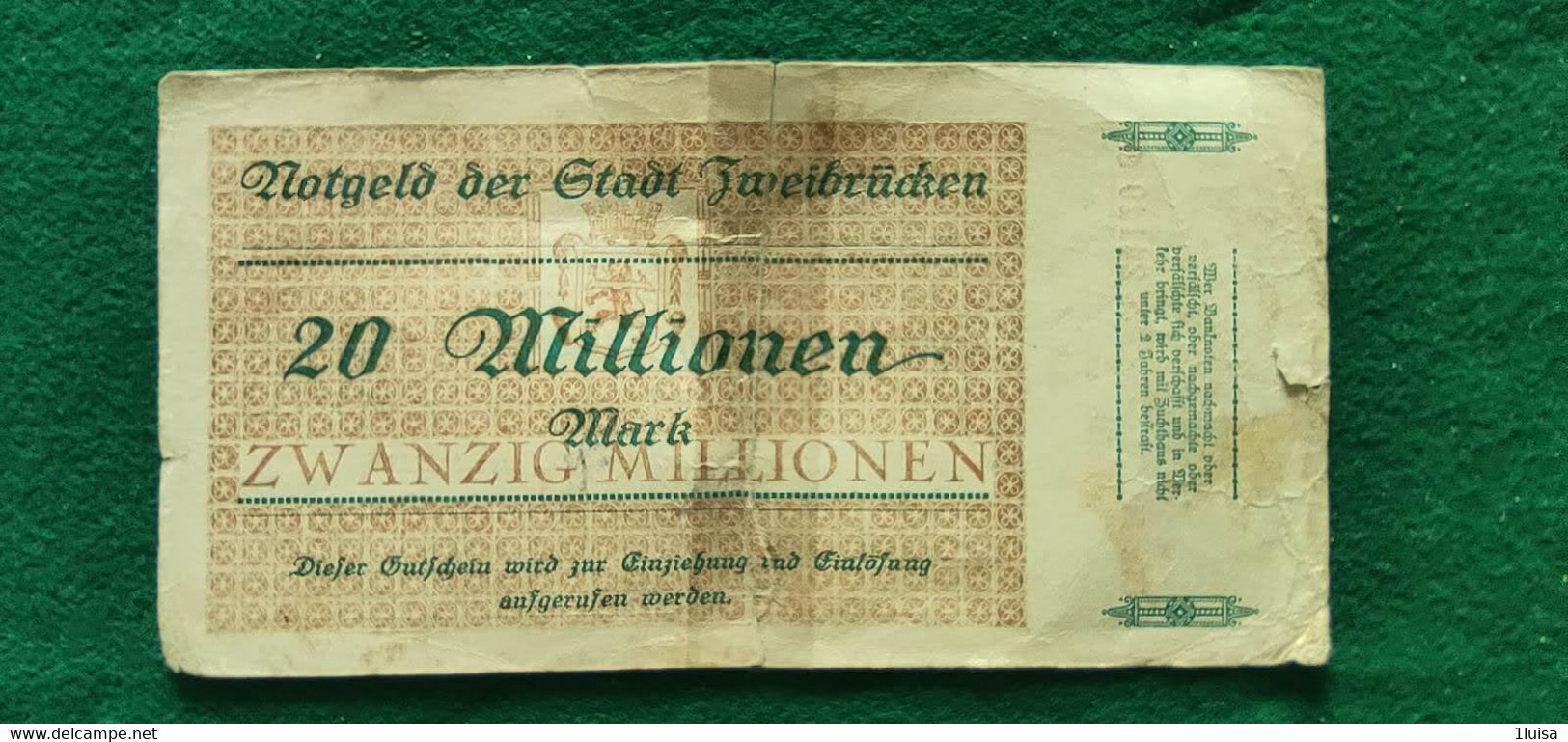 GERMANIA Zweibrücken 20 Milioni  MARK 1923 - Vrac - Billets