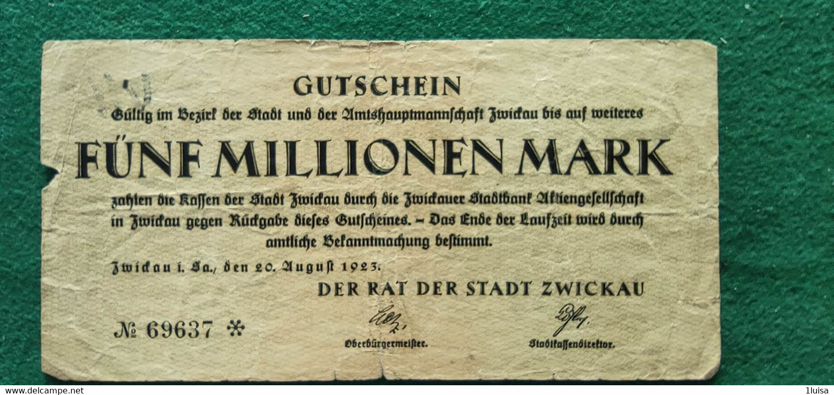 GERMANIA Zwickau 5 Milione MARK 1923 - Lots & Kiloware - Banknotes