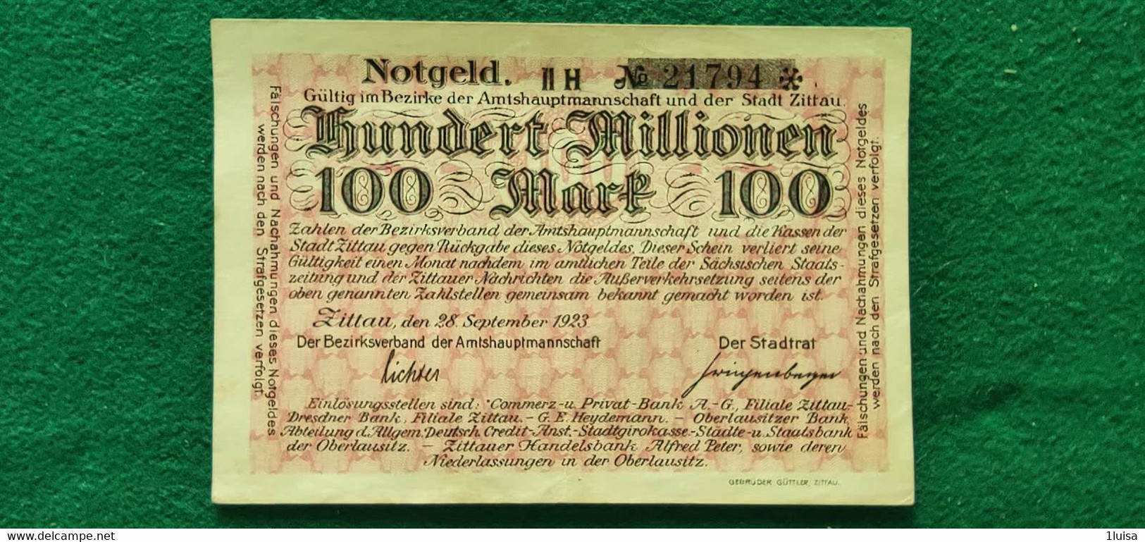 GERMANIA Zittau 100 Milioni MARK 1923 - Vrac - Billets