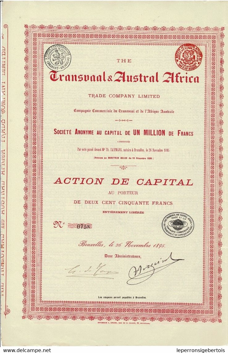 Titre De 1895 - The Transvaal & Austral Africa Trade Company Ltd - Cie Commerciale Du Transvaal & De L'Afrique Australe - Africa