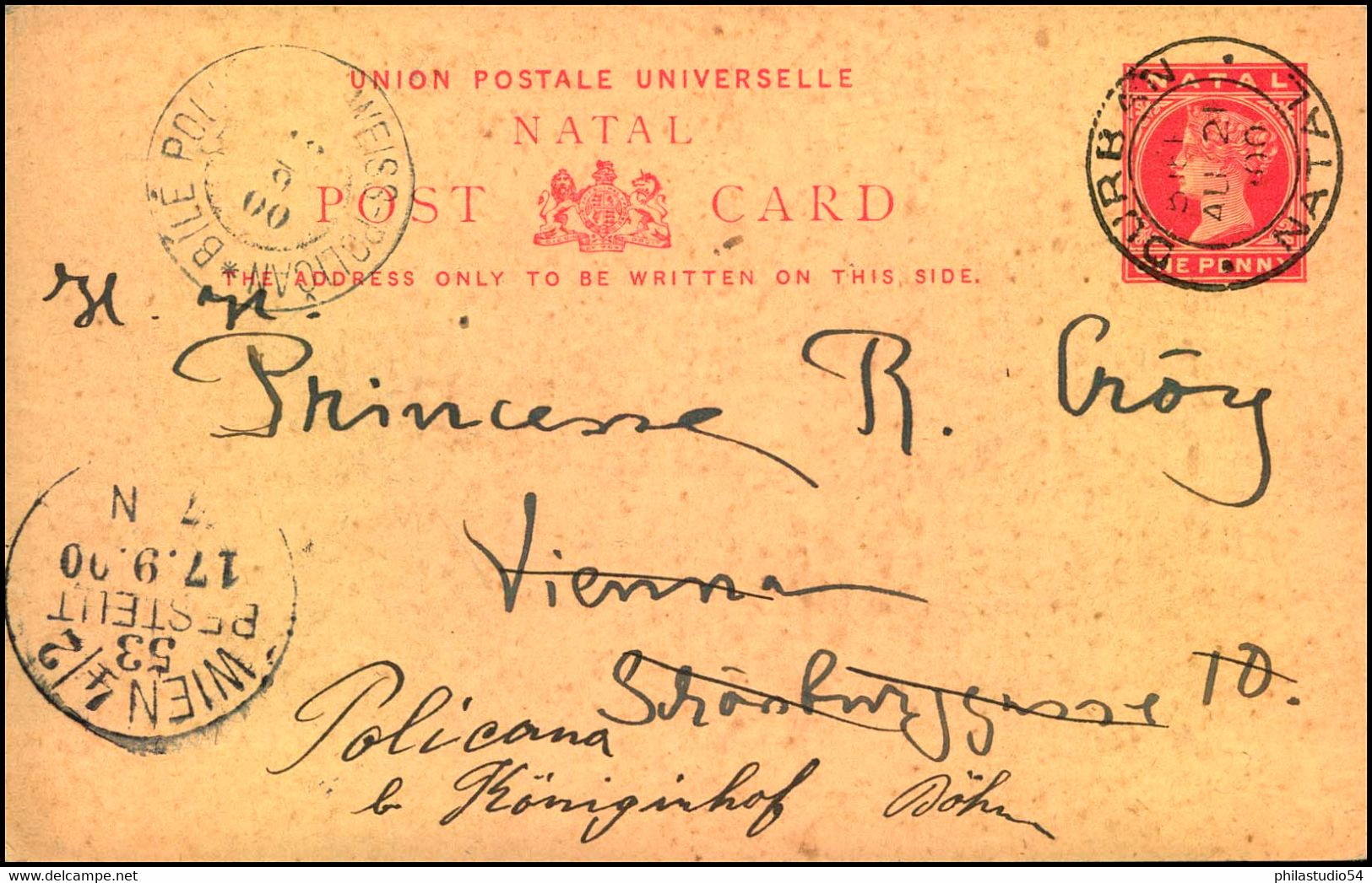1900:1 Penny Postal Stationary From Durban To Vienna, Forwarded To BILE PODOLNY/WEISS PODOL, Bohemia - Natal (1857-1909)