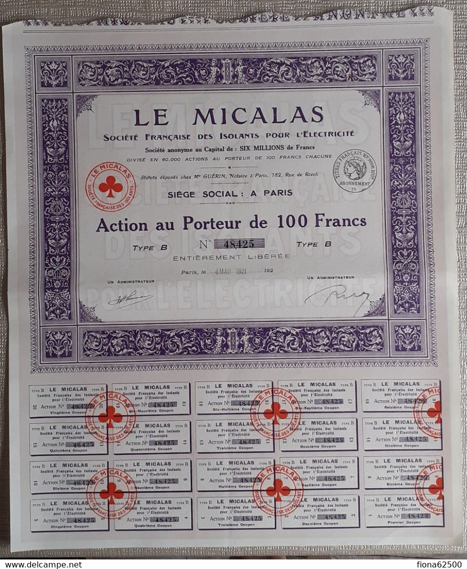 LE MICALAS . SOCIETE FRANCAISE DES ISOLANTS POUR L'ELECTRICITE .  ACTION AU PORTEUR DE 100 FRANCS . TYPE B . - Electricity & Gas