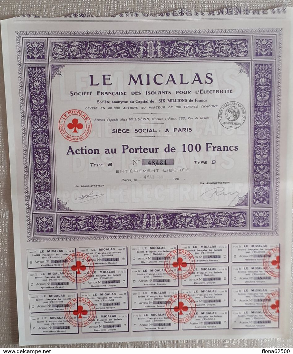 LE MICALAS . SOCIETE FRANCAISE DES ISOLANTS POUR L'ELECTRICITE .  ACTION AU PORTEUR DE 100 FRANCS . TYPE B . - Electricidad & Gas