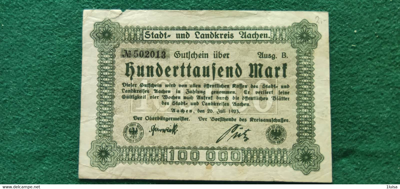 GERMANIA Aachen 100000 MARK 1923 - Vrac - Billets