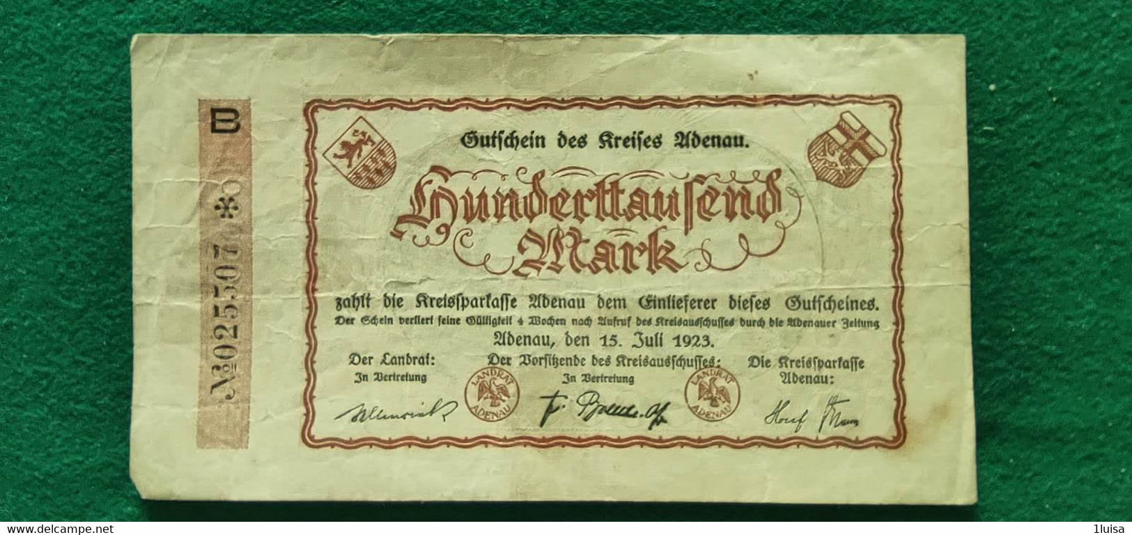 GERMANIA  ADENAU 100000 MARK 1923 - Mezclas - Billetes