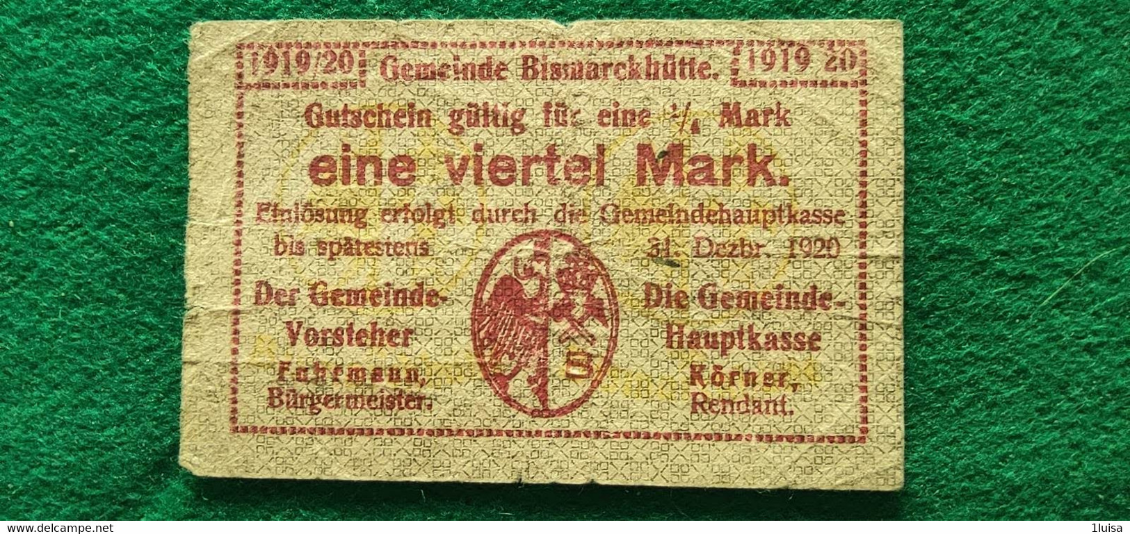 GERMANIA Bismark 1/4 MARK 1919/20 - Vrac - Billets