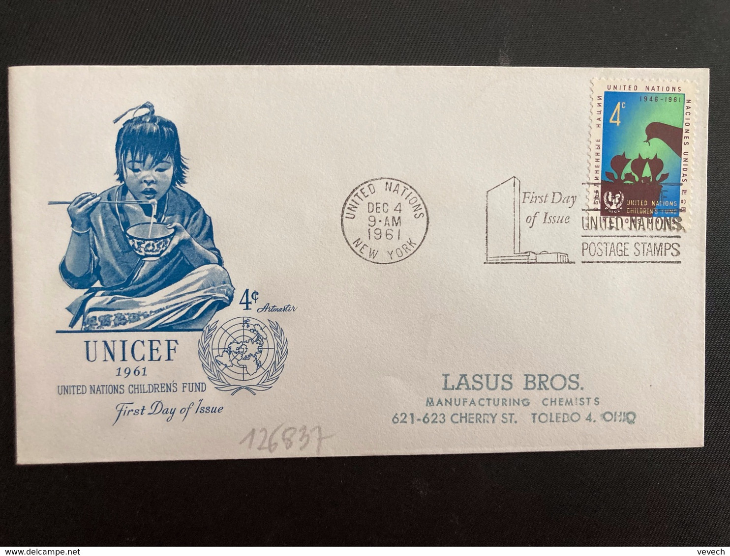 LETTRE TP UNICEF 4c OBL.MEC. DEC 4 1961 UNITED NATIONS NEW YORK - Lettres & Documents