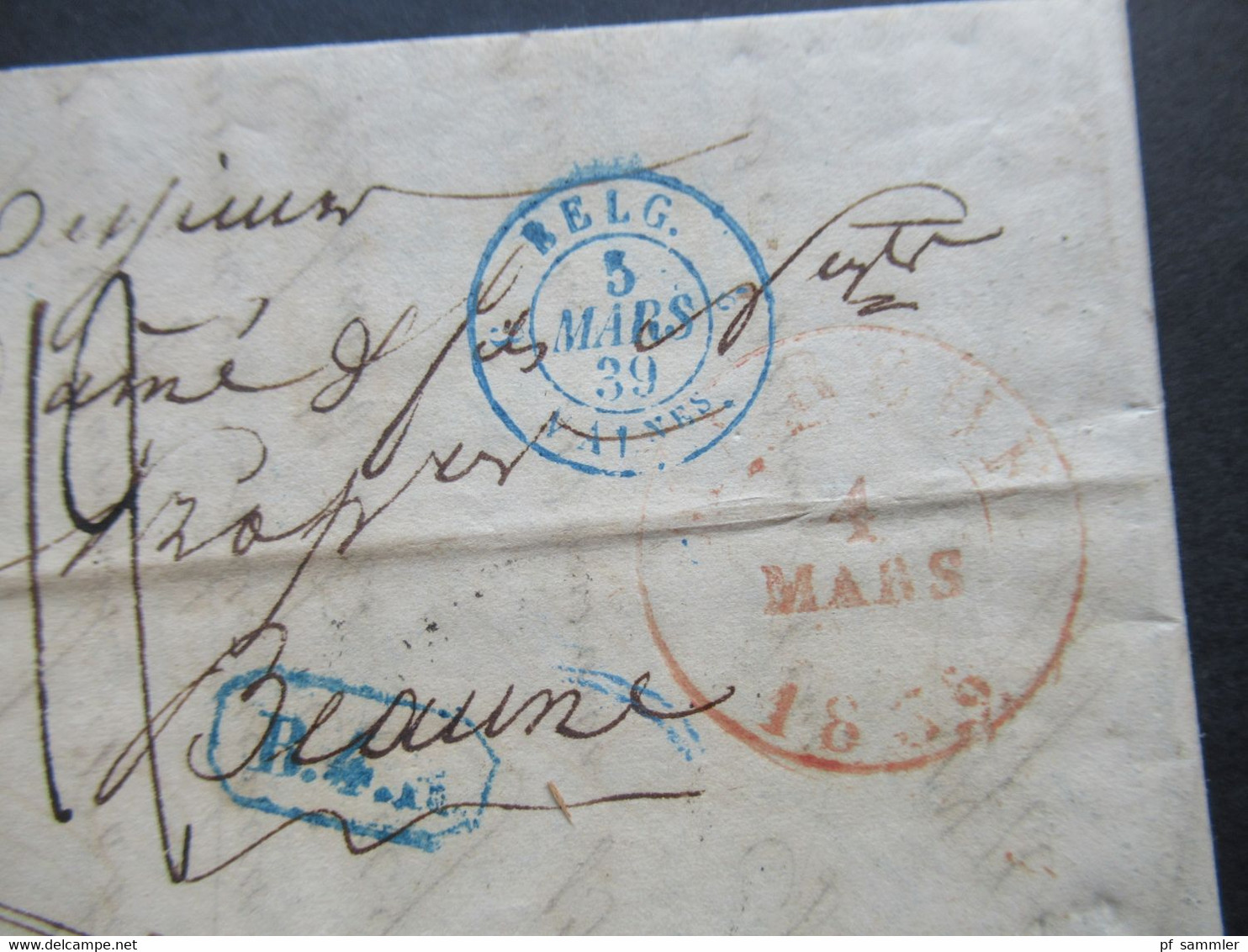 Belgien 1839 Faltbrief Mit Inhalt Blaue Stempel Belg. 3 VALnes 3 Und Ra1 B.4.R. Nach Beaume Gesendet Mit Bartaxe - 1830-1849 (Onafhankelijk België)