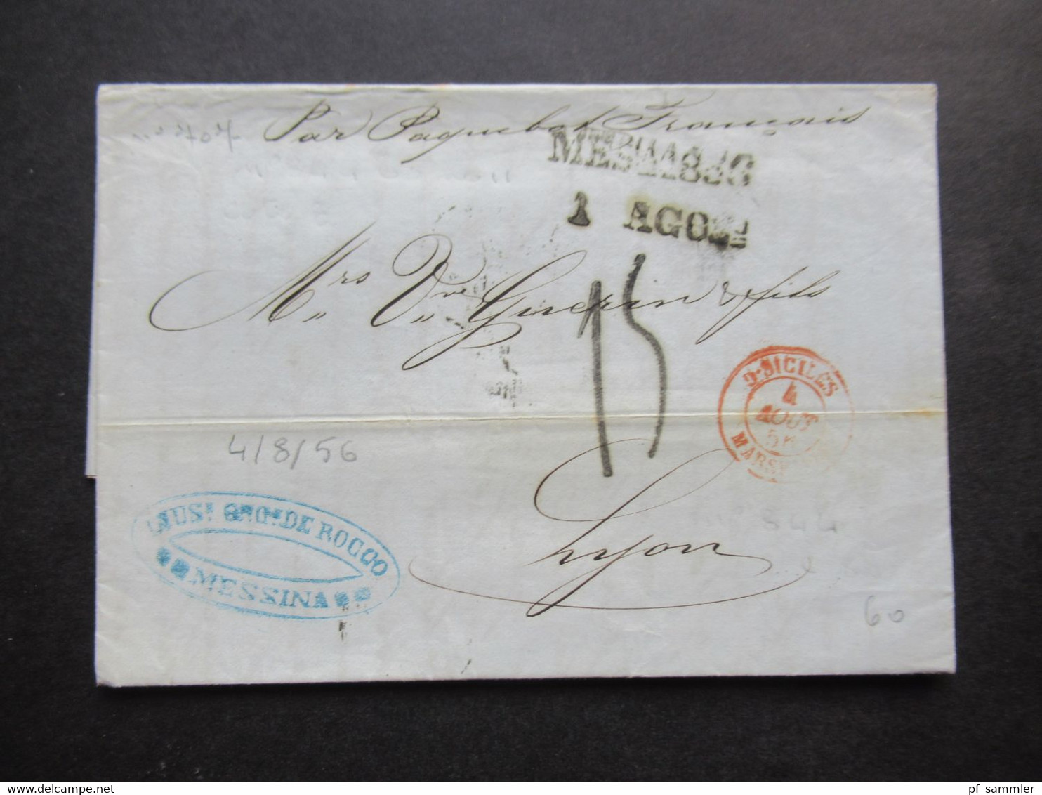 Italien 1856 Messine / Messina Schiffspost / Vermerk Par Paquetbot Francais Messina Nach Lyon Bartaxe - Sicile
