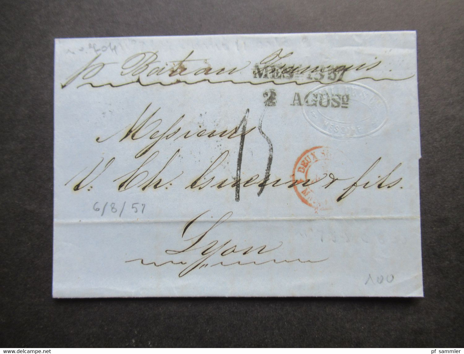 Italien 1857 Messine / Messina Schiffspost / Vermerk Par Bateau Francais Messina Nach Lyon Taxstempel Chiffre 15 - Sizilien