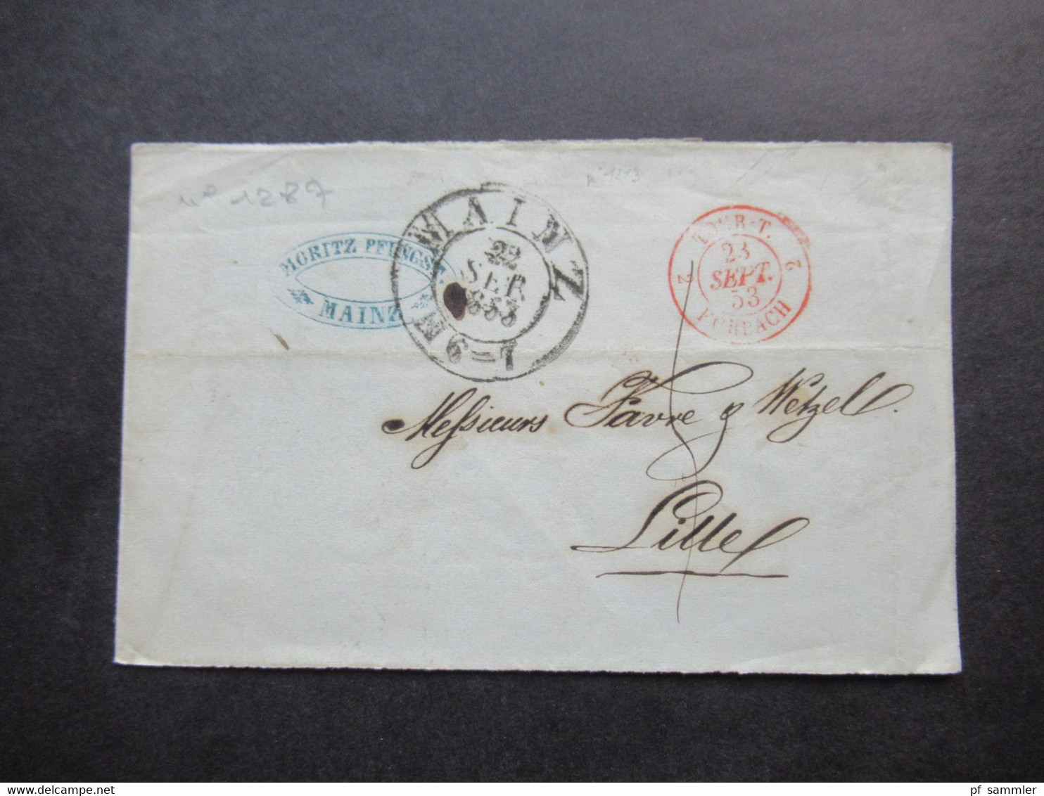 Altdeutschland T&T K2 Mainz 22.9.1853 Teilbrief / Auslandsbrief Nach Lille Roter K2 Tour-T 2 Forbach 2 - Briefe U. Dokumente