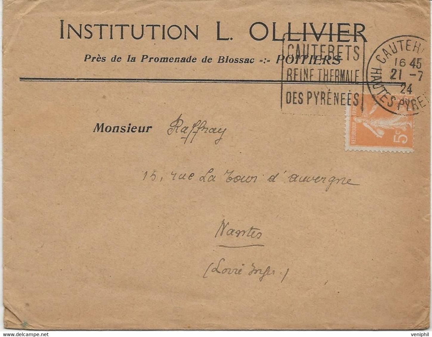 LETTRE AFFRANCHIE N° 158  OBLITERATION DAGUIN "CAUTERETS  -REINE THERMALE DES PYRENEES - ANNEE 1924 - Annullamenti Meccaniche (Varie)