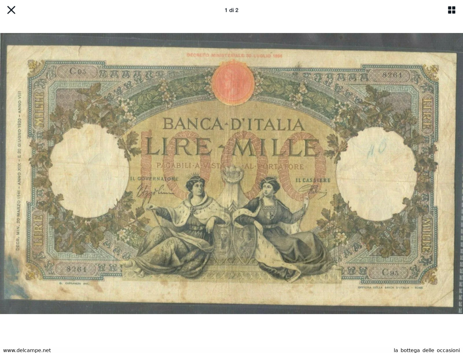 Italia Regno Banconota Da 1000  Lire Vittorio Emanuele III Decreto   20 Marzo 1941 Rara Ottima Conservazione - 1.000 Lire