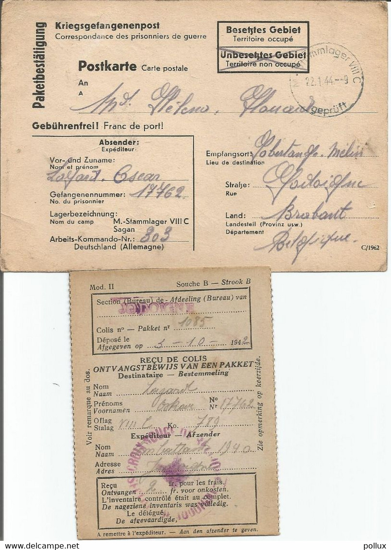 Croix Rouge De Belgique Rood Kruis Pour Prisonnier De Guerre 1940/45 Reçus De Colis Stalag VIII C Censure Vers Jodoigne - WW II (Covers & Documents)